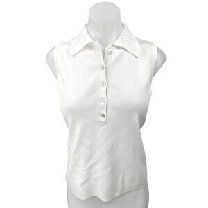 Tahari White Rib Knit Sleeveless Crochet Collar Button Polo Sweater Tank Top M